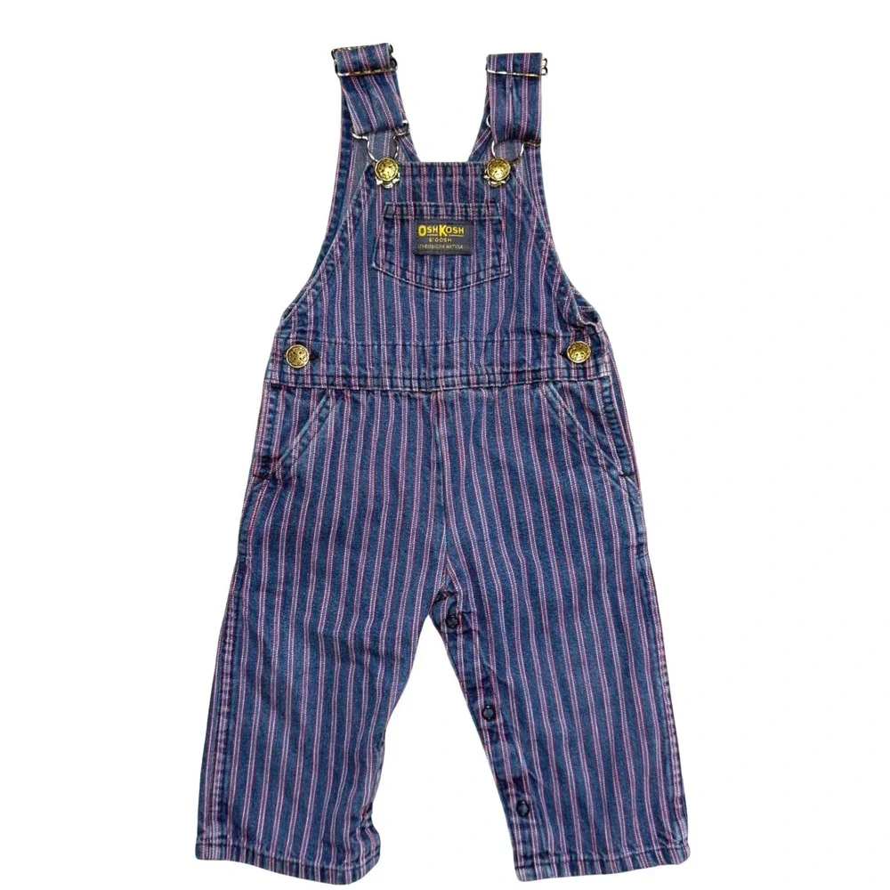 Vintage 80s OshKosh B'Gosh Vestbak Overalls 12M USA Railroad Stripe Rare Red Blu